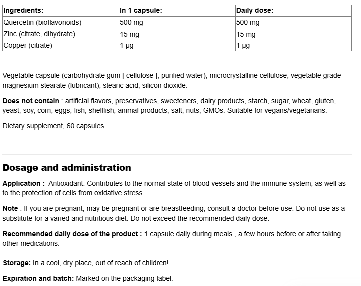 Natural Factors Quercetin 500 mg with Zinc and Copper-factsheets