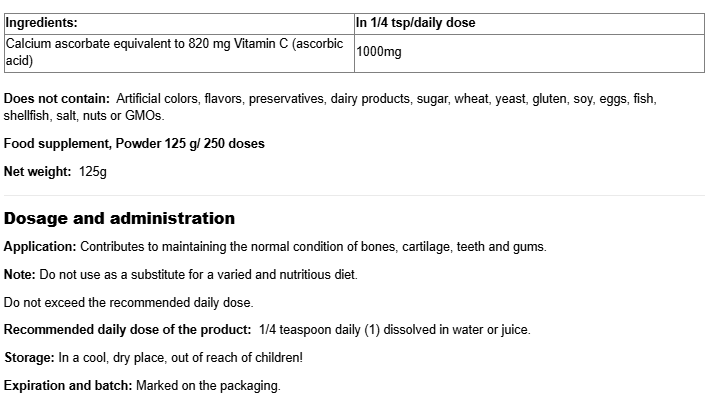 Natural Factors Vitamin C Calcium Ascorbate 1000mg Powder-factsheets