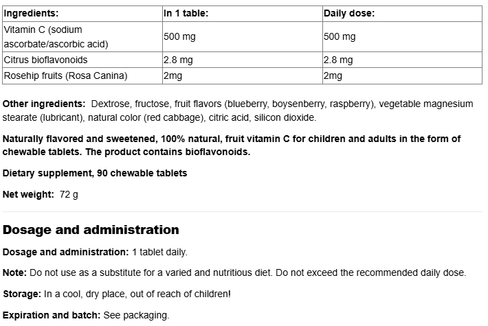 Natural Factors Vitamin C 500 mg 100% Natural Fruit Chew-factsheets