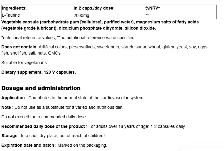 Natural Factors RegenerLife L-Taurine 1000mg-factsheets