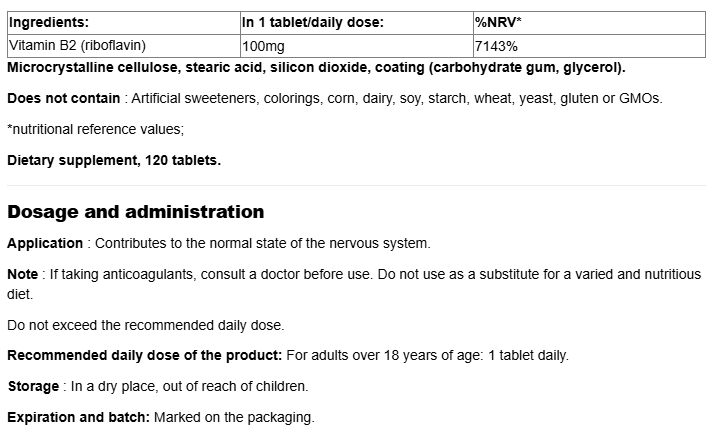 Webber Naturals Vitamin B2 (Riboflavin) 100mg-factsheets