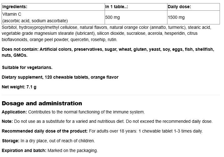 Webber Naturals Chewable Vitamin C 500mg-factsheets
