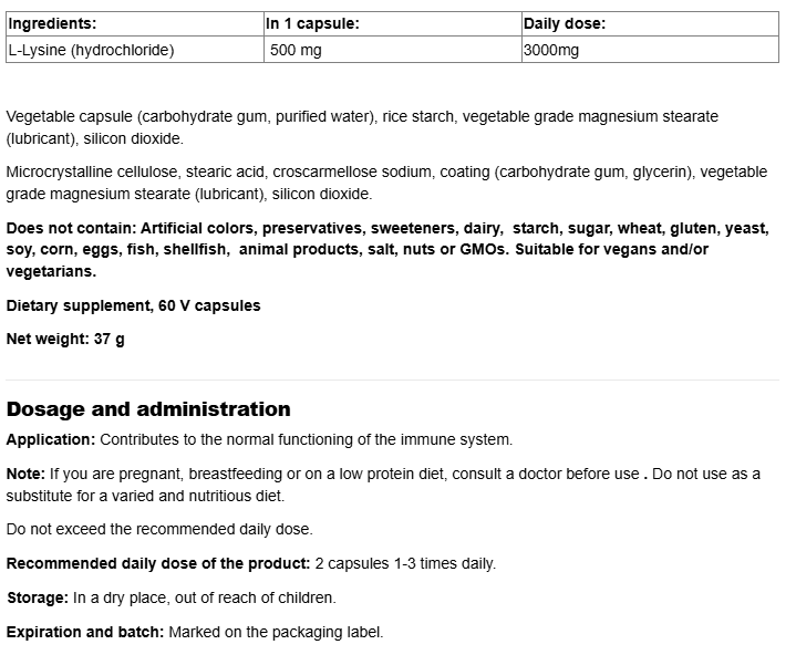 Webber Naturals L-Lysine 500 mg-factsheets