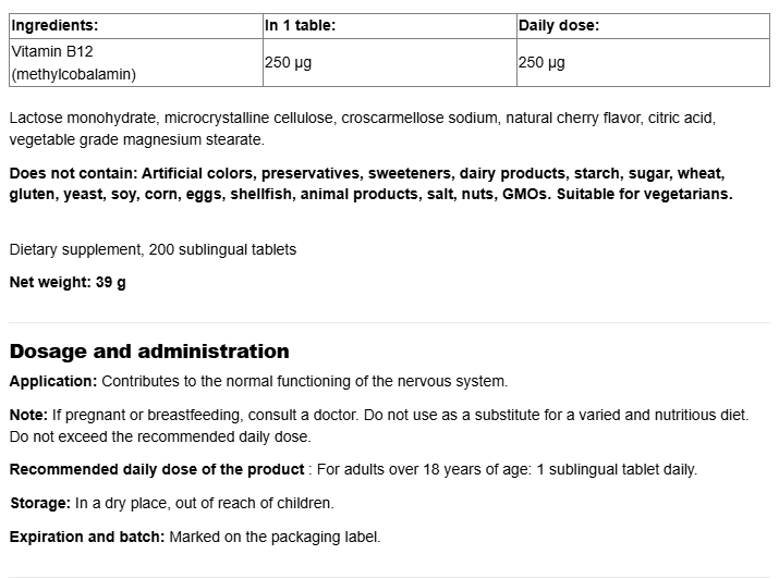 Webber Naturals Vitamin B12 250 mcg Methylcobalamin-factsheets