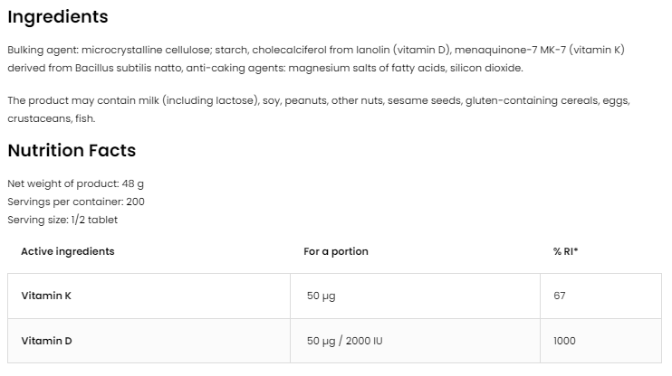 OstroVit Vitamin D3 4000 + K2 100 mcg-factsheets