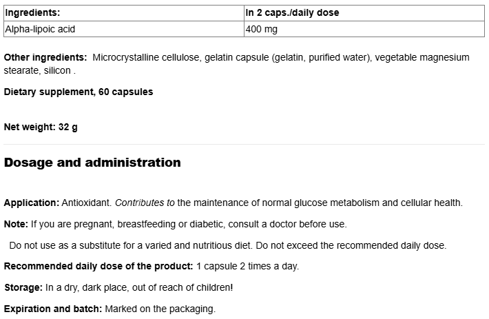 Natural Factors Alpha Lipoic Acid 200 mg-factsheets