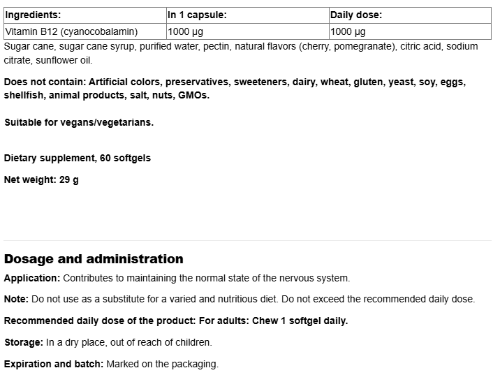 Webber Naturals Vitamin B12 Gummy 1000 µg Cyanocobalamin-factsheets
