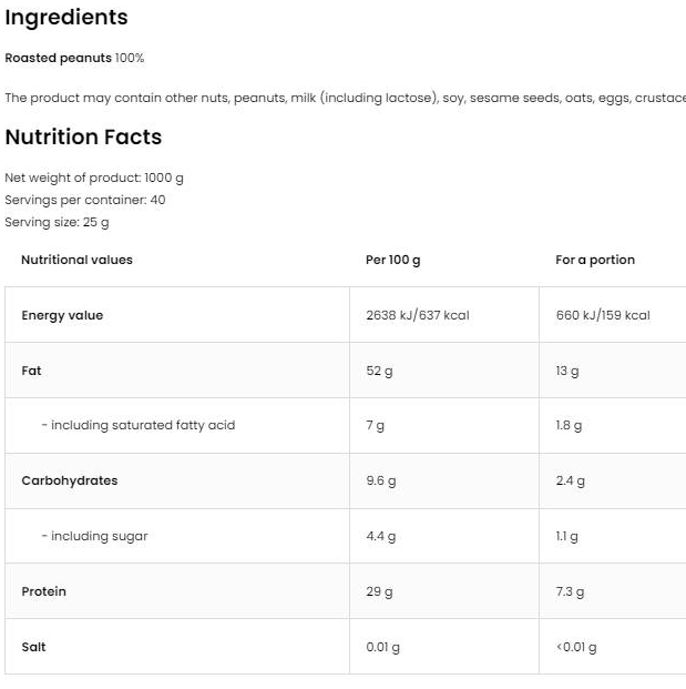 OstroVit 100% Peanut Butter Smooth-factsheets