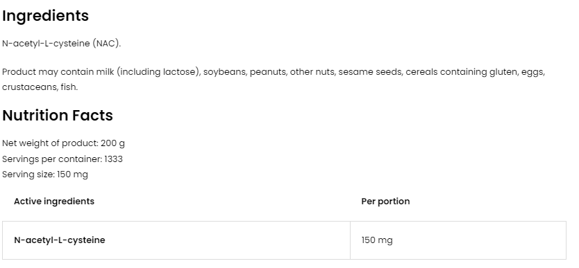 OstroVit Pure NAC - N-Acetyl Cysteine Powder-factsheets