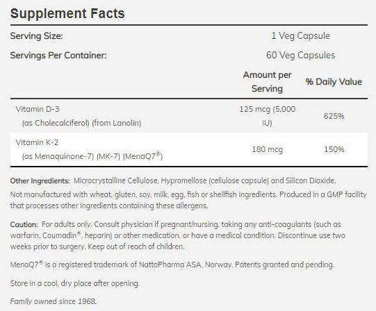 NOW Foods Mega Vitamin D3 5000 IU + MK7 K-2 180 mcg MenaQ7-factsheets
