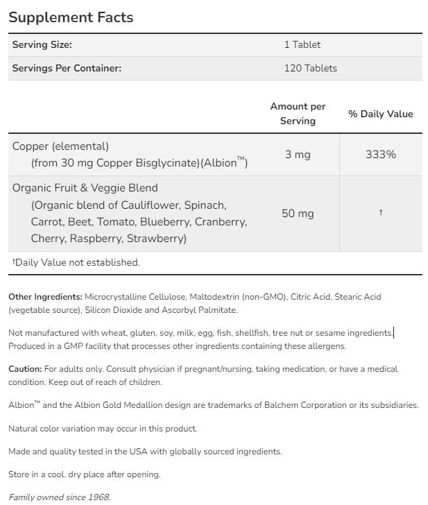 NOW Foods Copper Glycinate 3 mg | Albion™ Copper Bisglycinate-factsheets